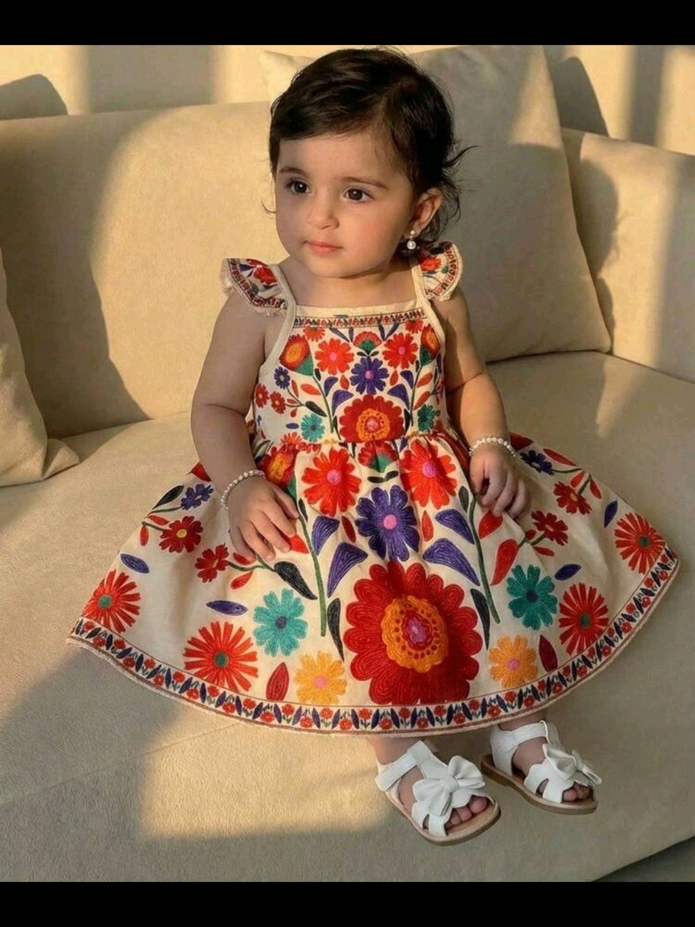 Girls Floral Embroidered Beige Sundress - Bright Multicolor